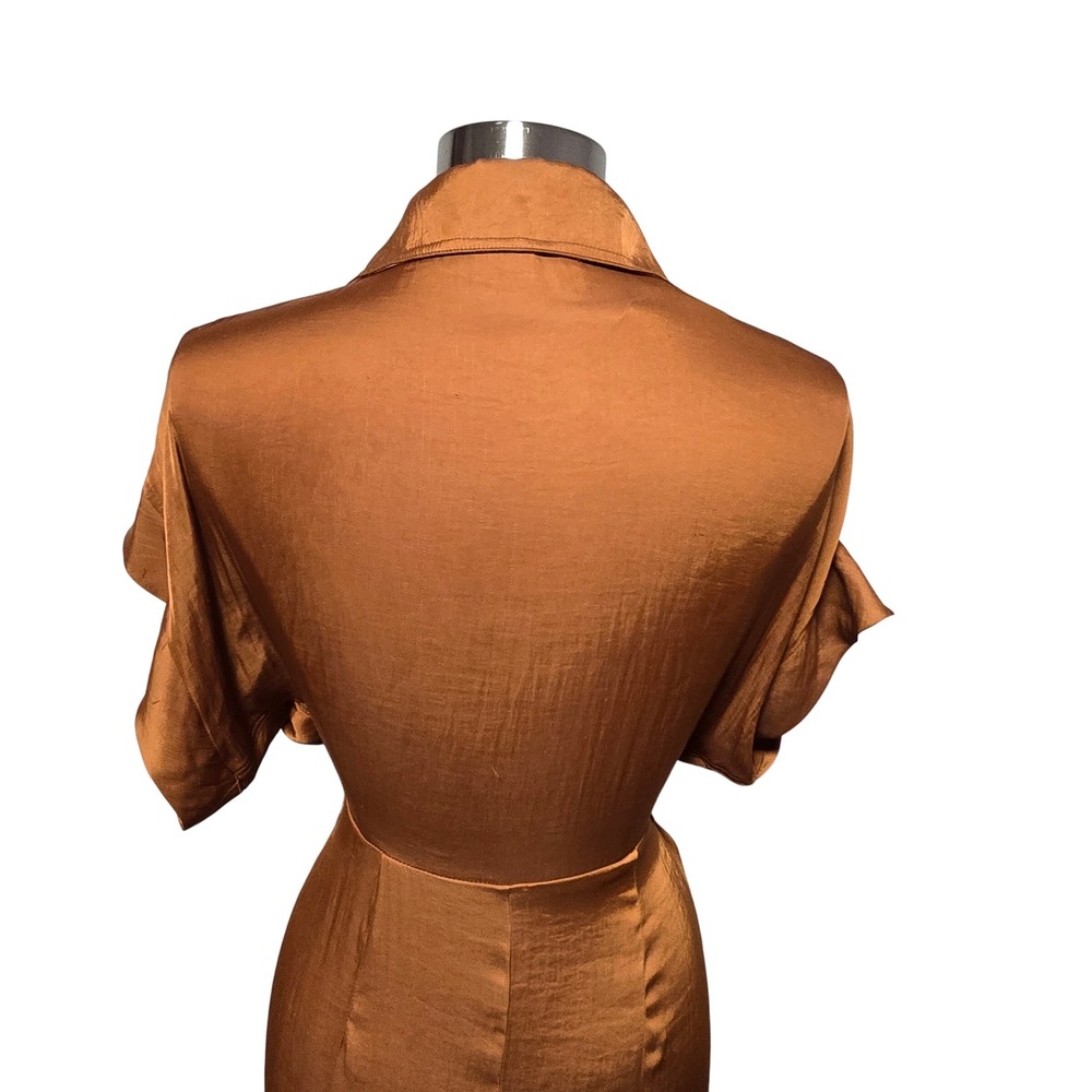Steve Madden Women's Satin Draped Midi Shirt Dress Bronze Button Tie Waist Sz 6 - Picture 7 of 12
